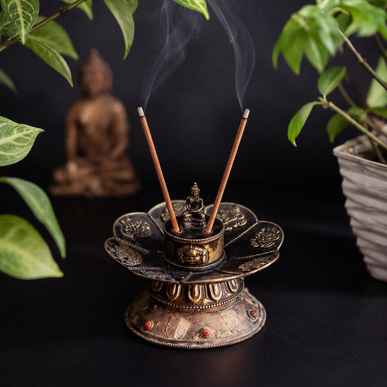 Tibetan Incense Burner with Buddha Statue