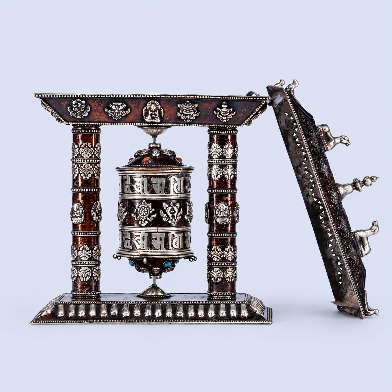 Tibetan Prayer Wheel with Incense Holder and Astamangal Symbols – Om Mani Padme Hum