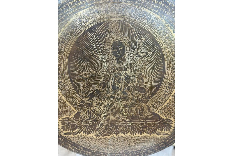Handmade Tibetan Gong with Green Tara and Mantra – Authentic Nepal Sound Healing Gong
