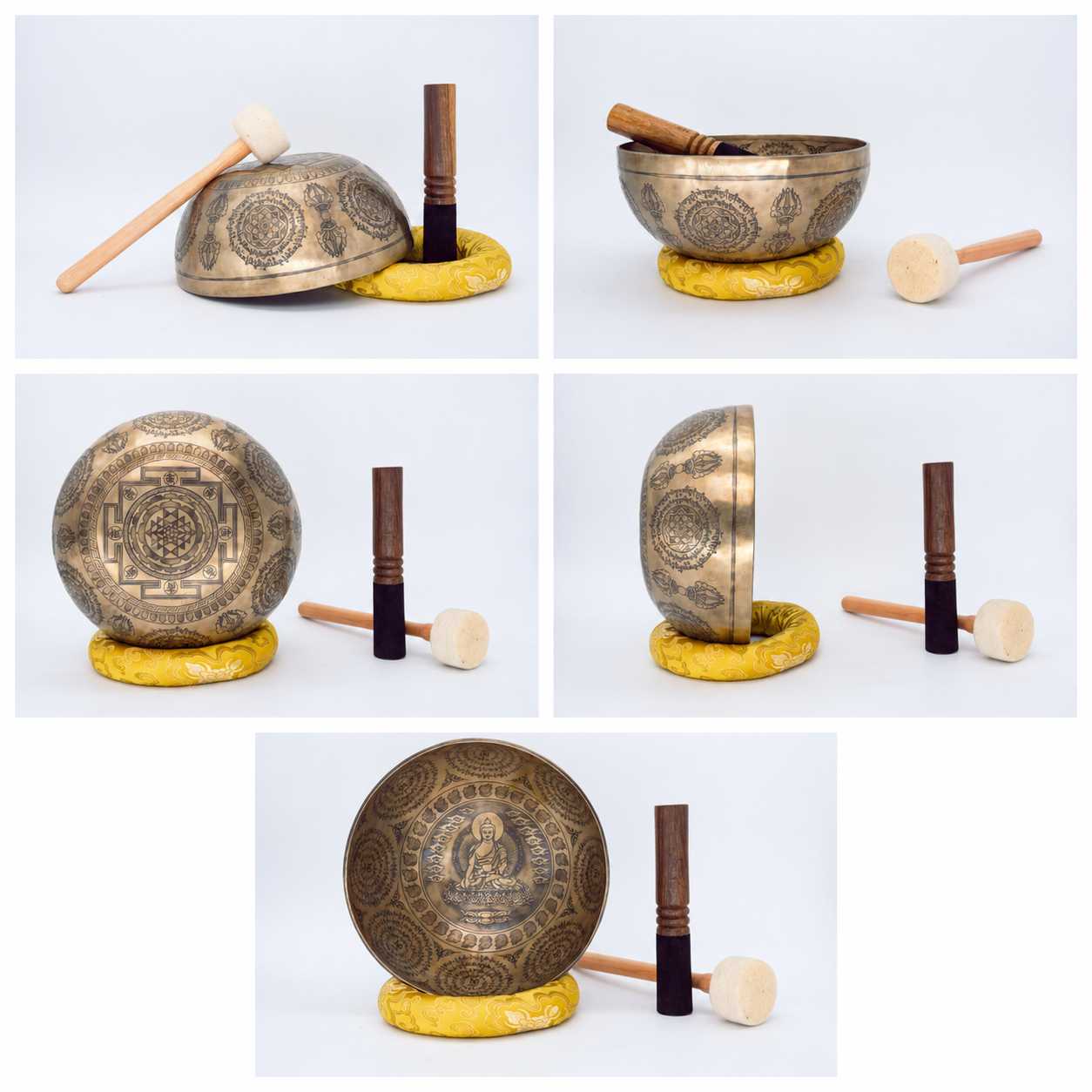 Fine Carved Singing Bowl with Buddha, Shree Yantra, Vajra & Mantra