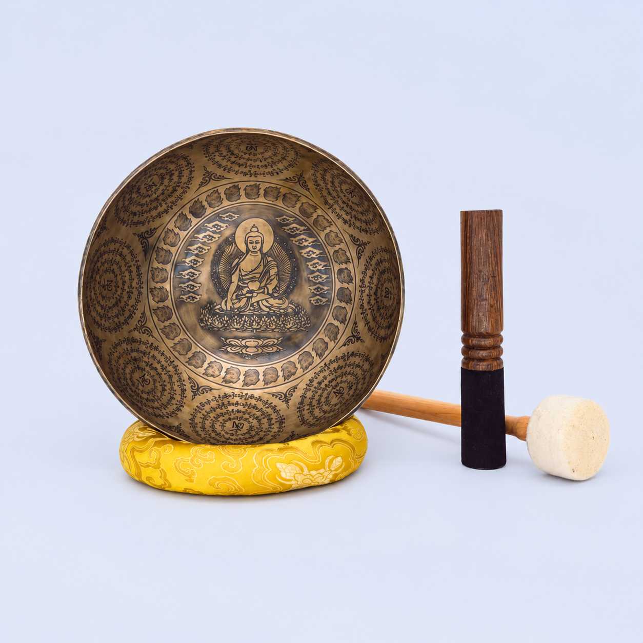 Fine Carved Singing Bowl with Buddha, Shree Yantra, Vajra & Mantra