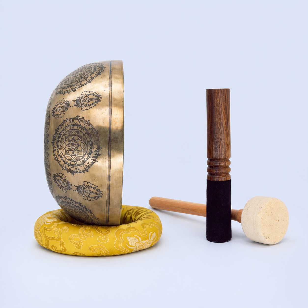 Fine Carved Singing Bowl with Buddha, Shree Yantra, Vajra & Mantra