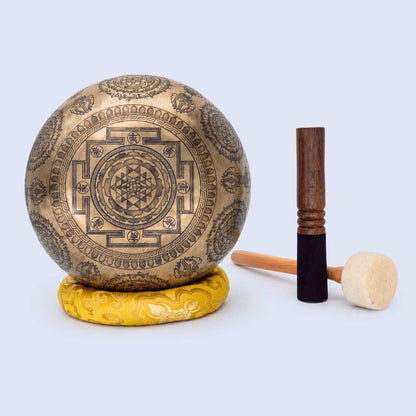 Fine Carved Singing Bowl with Buddha, Shree Yantra, Vajra & Mantra