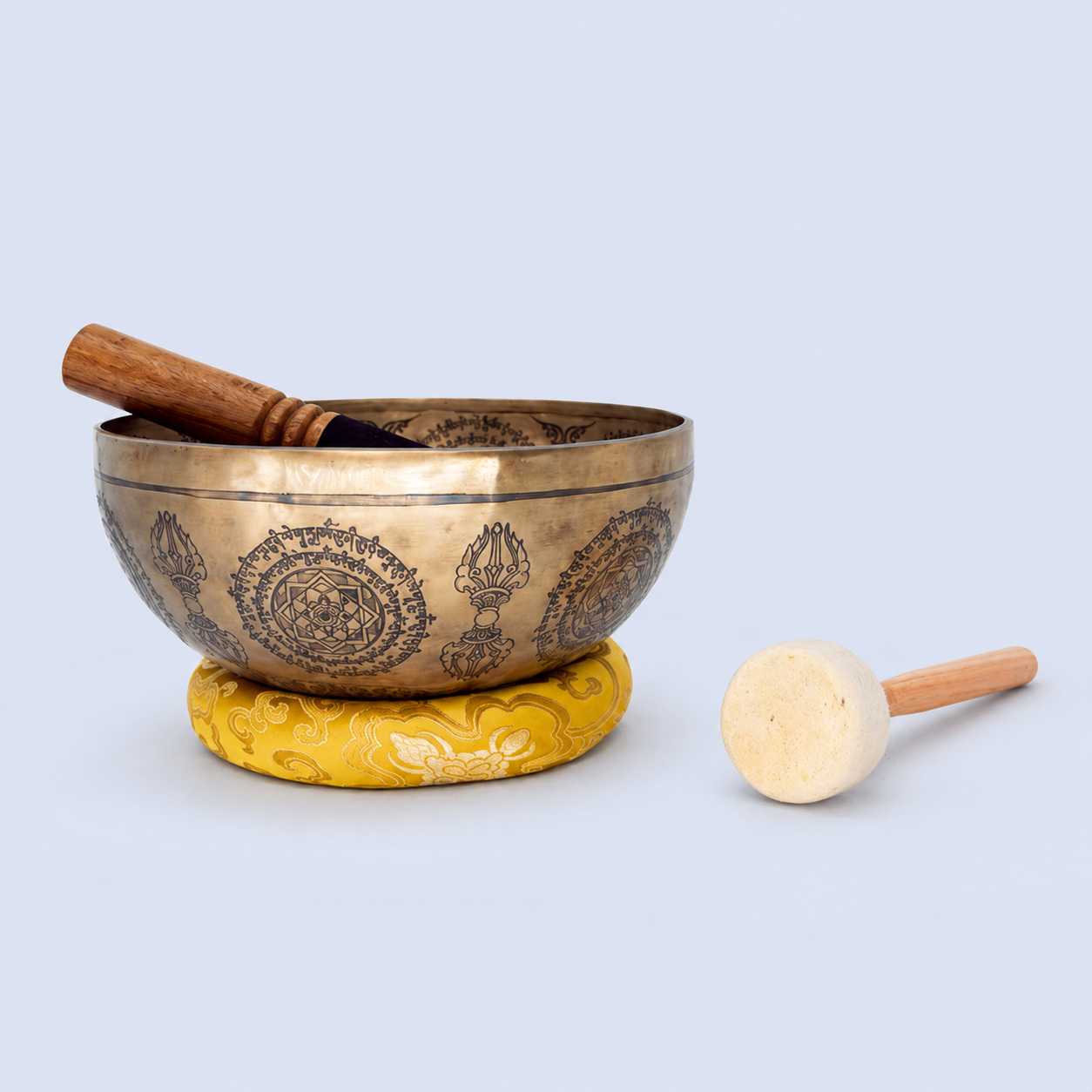 Fine Carved Singing Bowl with Buddha, Shree Yantra, Vajra & Mantra