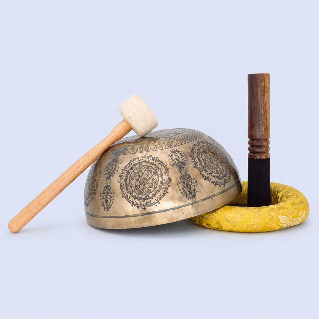 Fine Carved Singing Bowl with Buddha, Shree Yantra, Vajra & Mantra