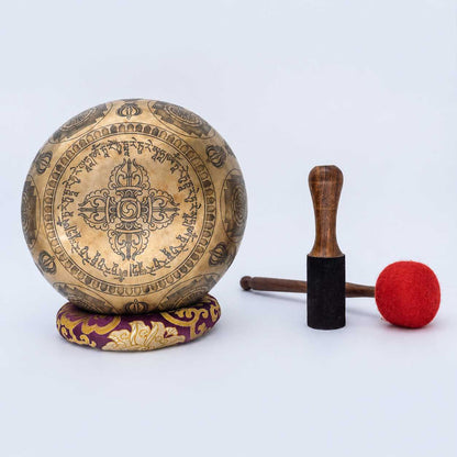 Fine Carved Singing Bowl with Seven Chakra, Vajra & Shree Yantra