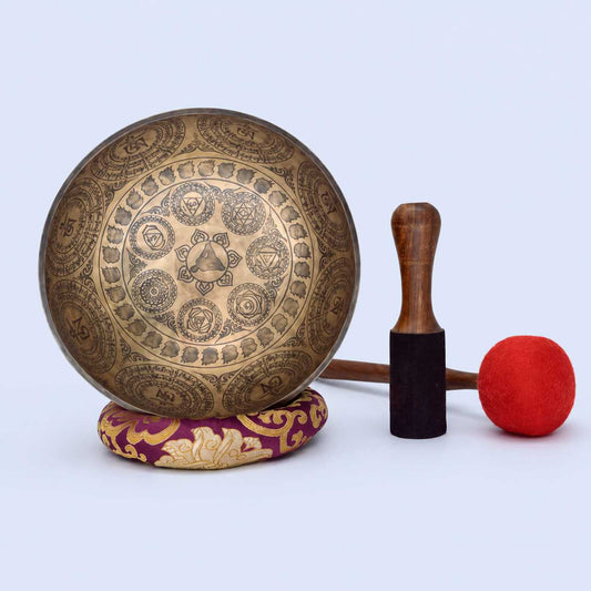 Fine Carved Singing Bowl with Seven Chakra, Vajra & Shree Yantra