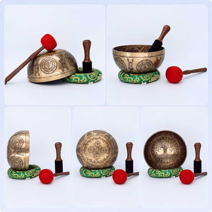Fine Carved Singing Bowl with Tree of Life Mantra & Vajra