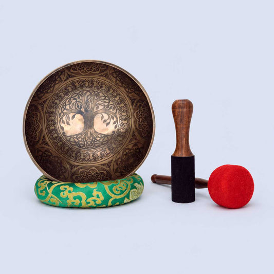 Fine Carved Singing Bowl with Tree of Life Mantra & Vajra