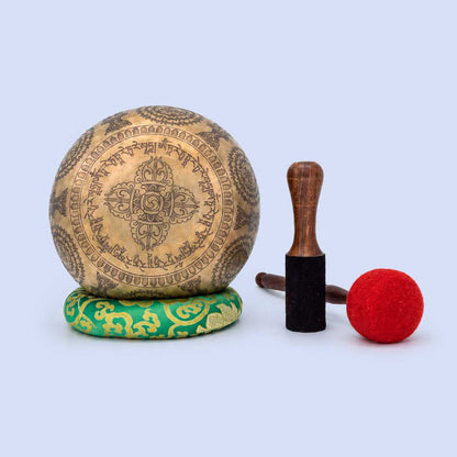Fine Carved Singing Bowl with Tree of Life Mantra & Vajra