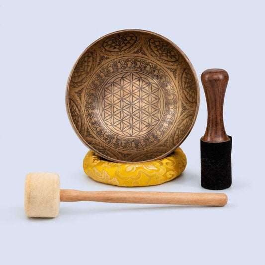 Flower of Life, Sri Yantra & Vajra Fine Carved Singing Bowl