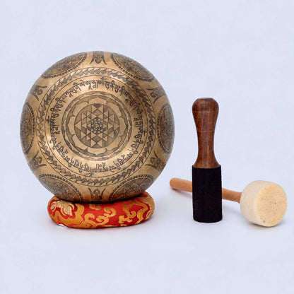 Flower of Life, Sri Yantra & Vajra Fine Carved Singing Bowl