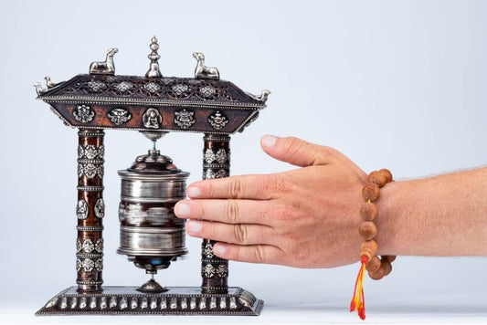 Tibetan Prayer Wheel with Incense Holder and Astamangal Symbols – Om Mani Padme Hum