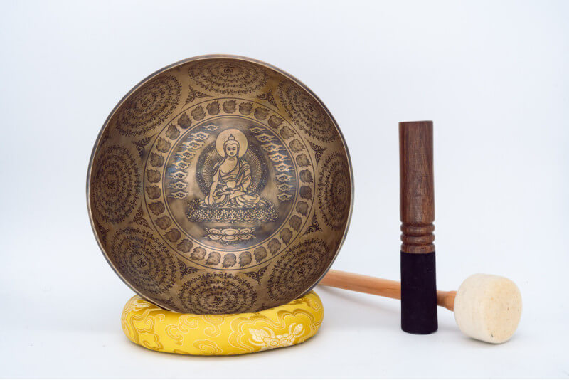 Fine Carved Singing Bowl with Buddha, Shree Yantra, Vajra & Mantra