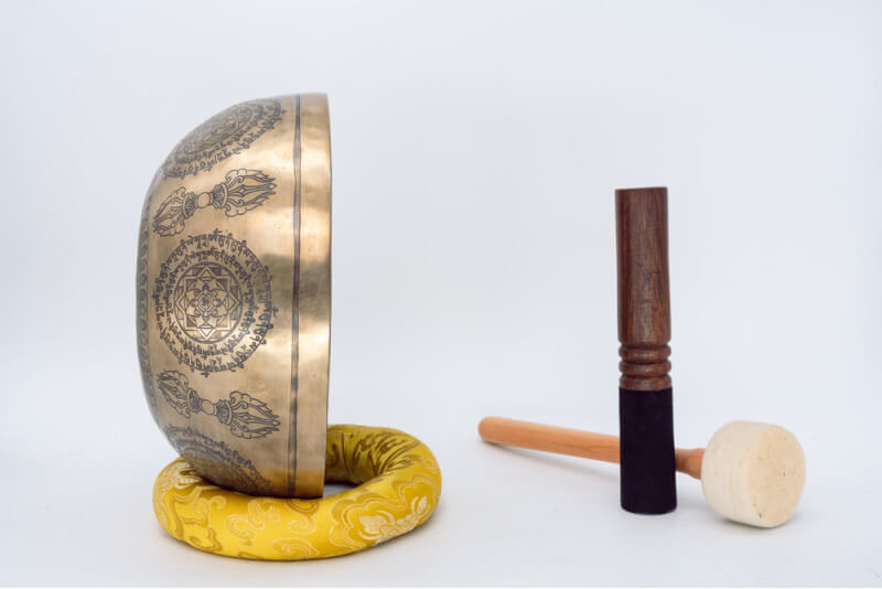 Fine Carved Singing Bowl with Buddha, Shree Yantra, Vajra & Mantra
