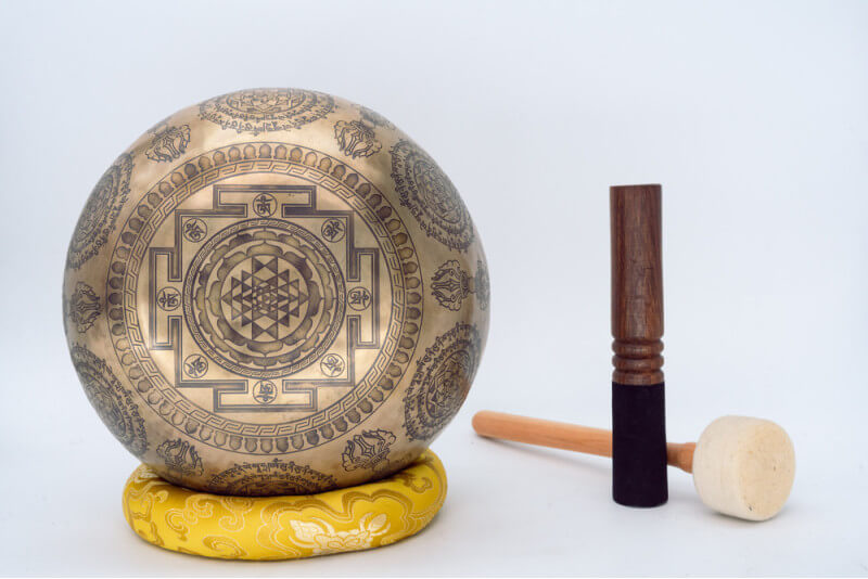Fine Carved Singing Bowl with Buddha, Shree Yantra, Vajra & Mantra