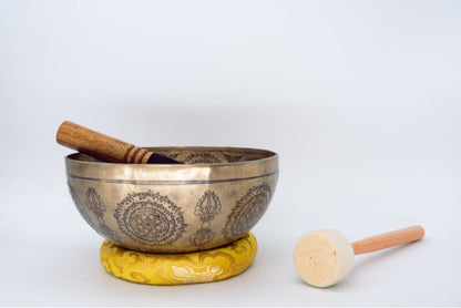 Fine Carved Singing Bowl with Buddha, Shree Yantra, Vajra & Mantra