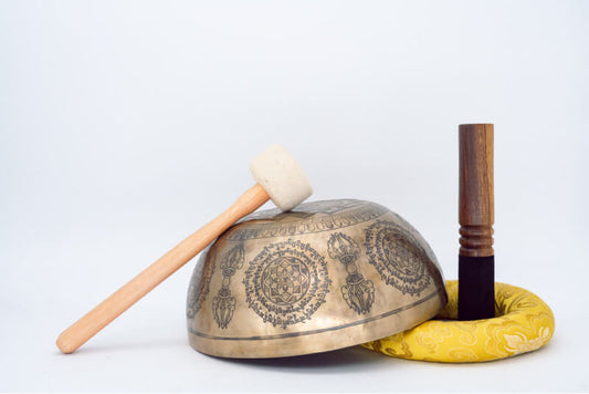 Fine Carved Singing Bowl with Buddha, Shree Yantra, Vajra & Mantra