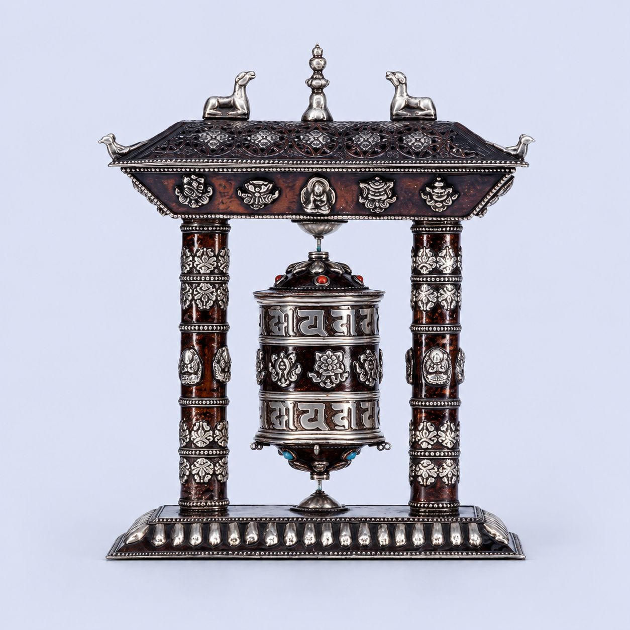Tibetan Prayer Wheel with Incense Holder and Astamangal Symbols – Om Mani Padme Hum
