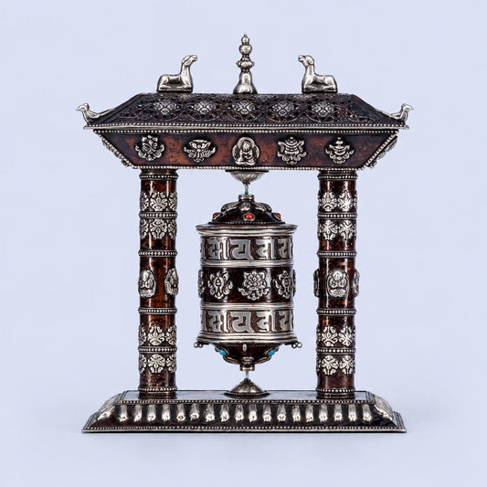 Tibetan Prayer Wheel with Incense Holder and Astamangal Symbols – Om Mani Padme Hum