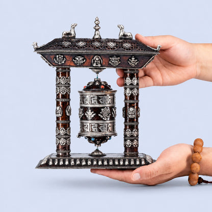 Tibetan Prayer Wheel with Incense Holder and Astamangal Symbols – Om Mani Padme Hum