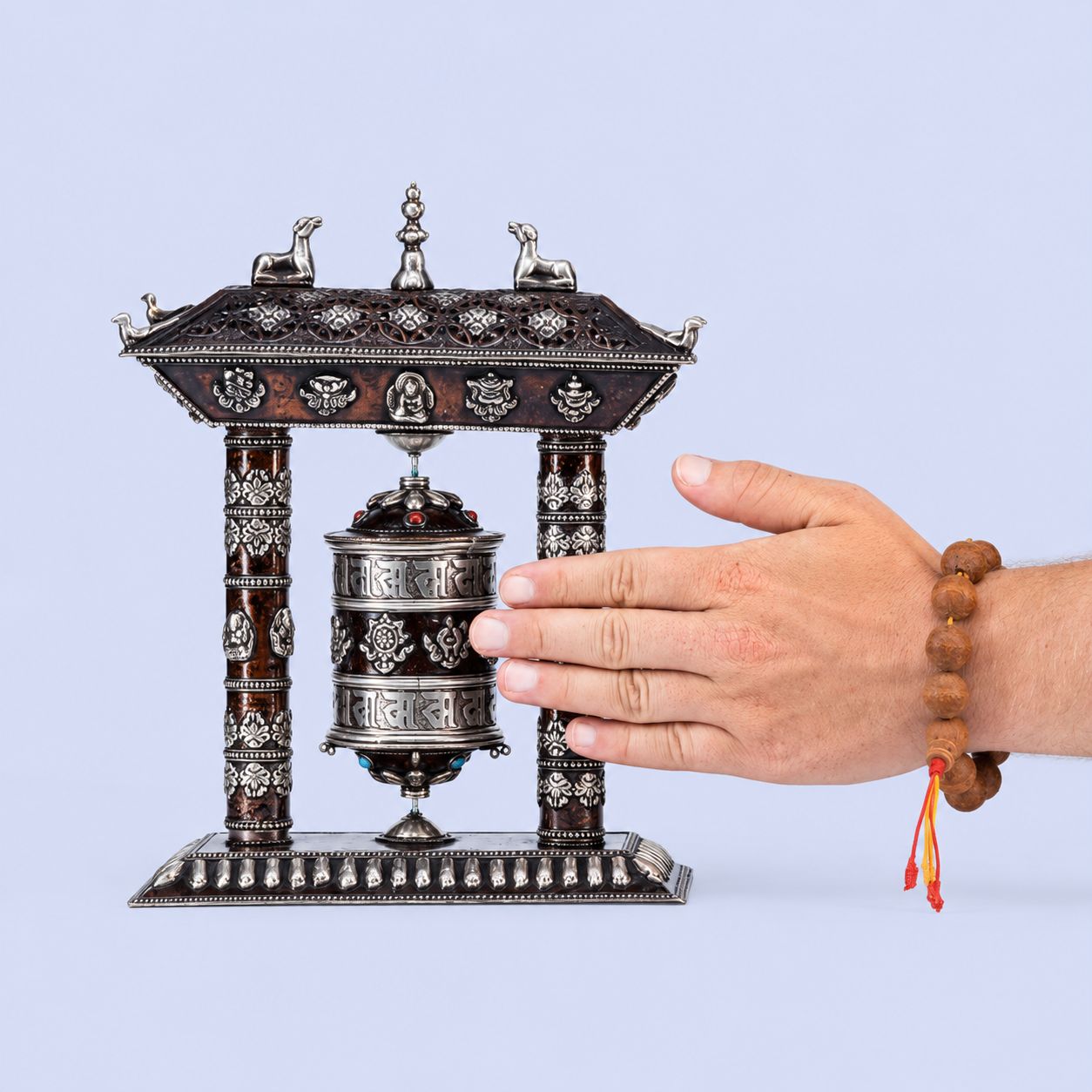 Tibetan Prayer Wheel with Incense Holder and Astamangal Symbols – Om Mani Padme Hum