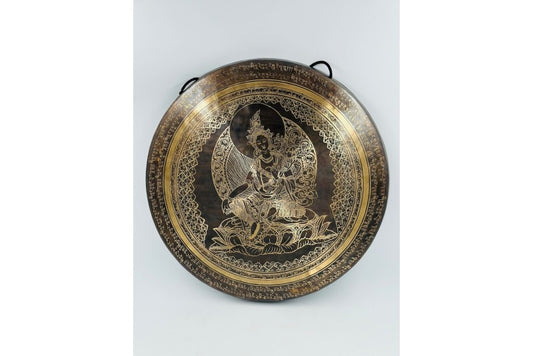 Handmade Tibetan Gong with Green Tara and Mantra – Authentic Nepal Sound Healing Gong