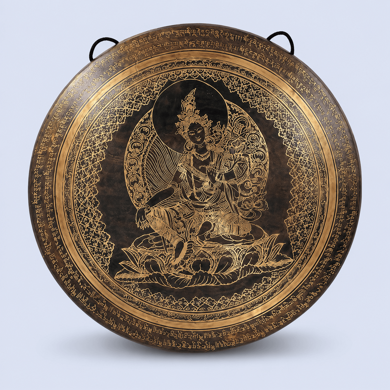 Handmade Tibetan Gong with Green Tara and Mantra – Authentic Nepal Sound Healing Gong