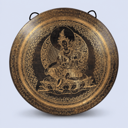 Handmade Tibetan Gong with Green Tara and Mantra – Authentic Nepal Sound Healing Gong