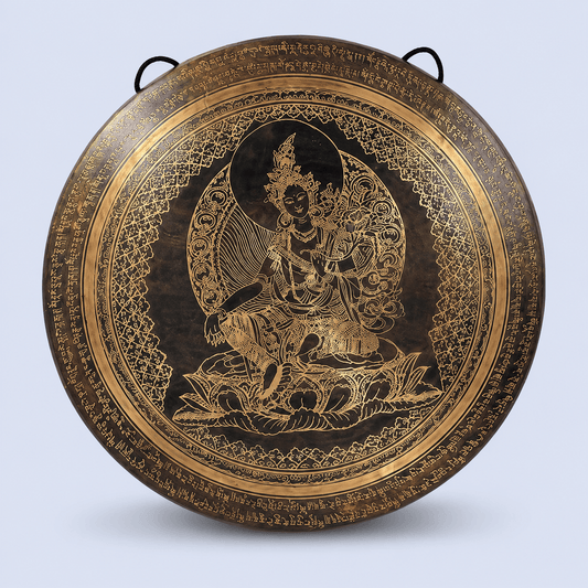Handmade Tibetan Gong with Green Tara and Mantra – Authentic Nepal Sound Healing Gong