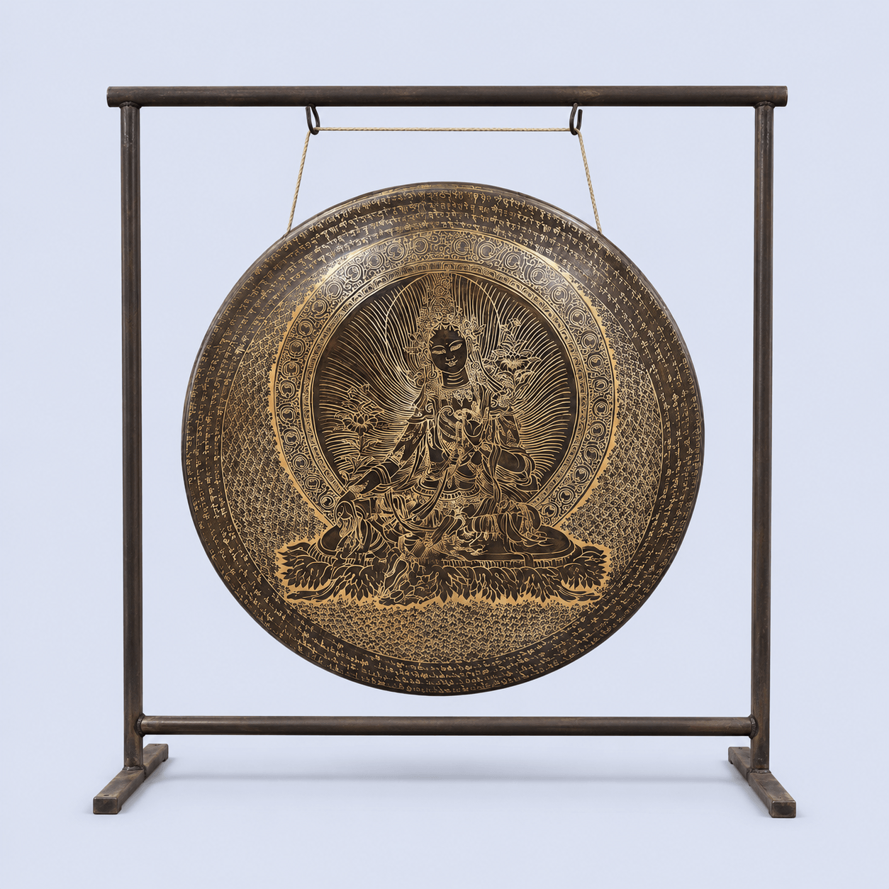 Handmade Tibetan Gong with Green Tara and Mantra – Authentic Nepal Sound Healing Gong