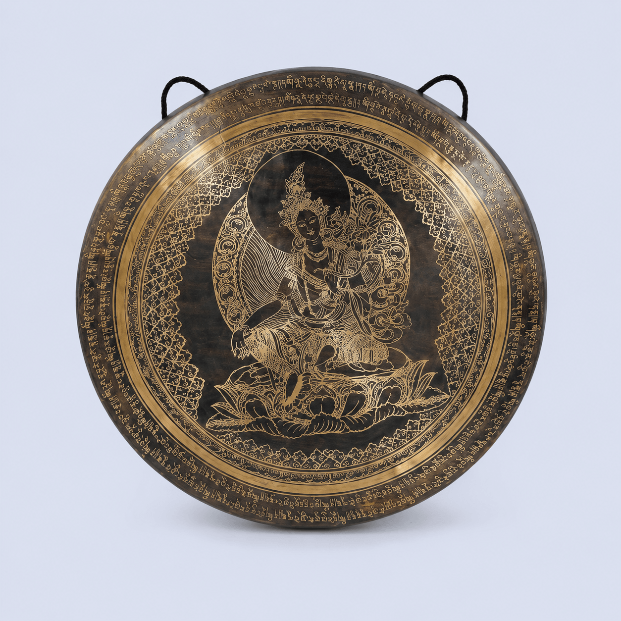 Handmade Tibetan Gong with Green Tara and Mantra – Authentic Nepal Sound Healing Gong